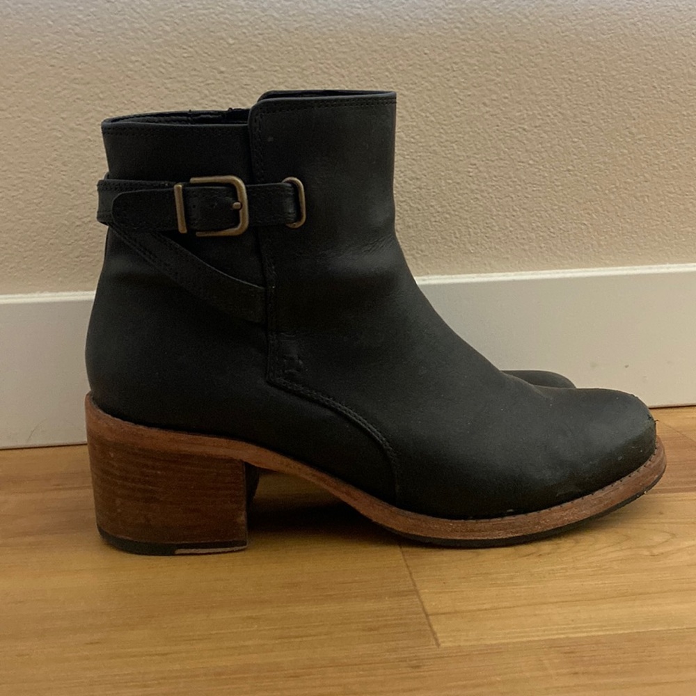 Clarks Black Leather Ankle Boots with Brown Wood Heel